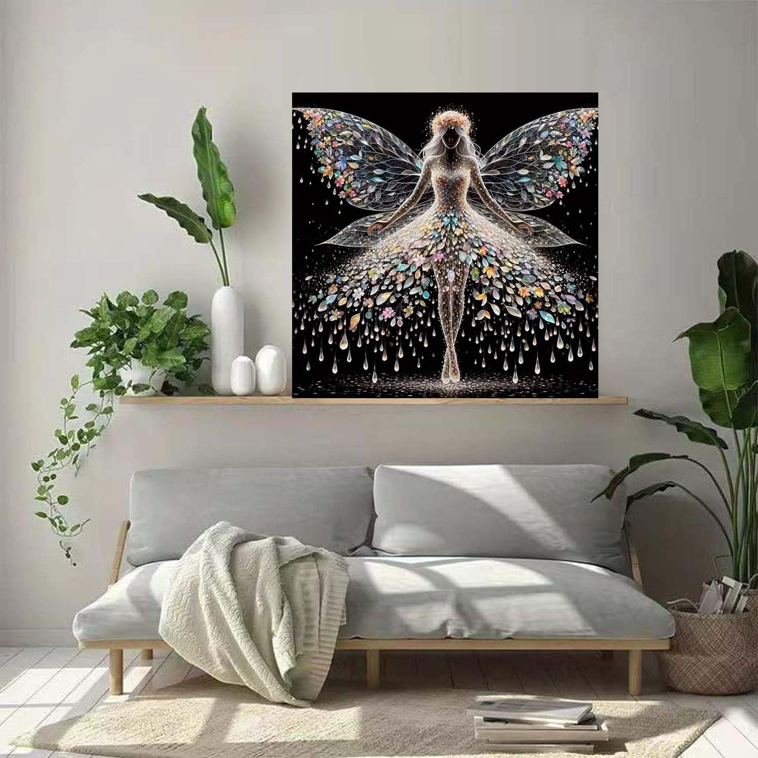 Diamond painting kit featuring a colourful angel fairy with intricate wings and a floral dress, displayed on a wall above a sofa.