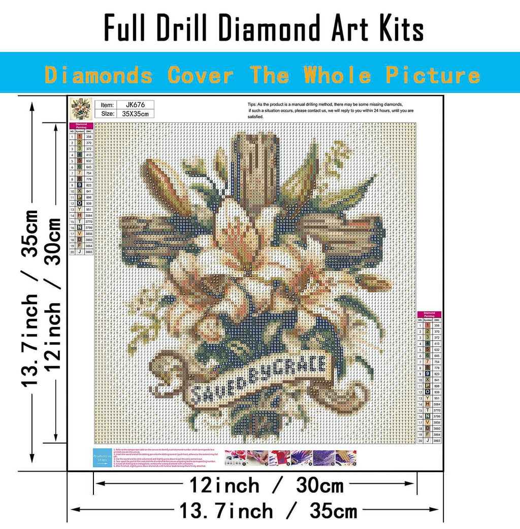Diamond painting kit featuring a cross with lilies and the text 'SAVED BY GRACE', with a color chart and size information.