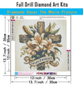 Diamond painting kit featuring a cross with lilies and the text 'SAVED BY GRACE', with a color chart and size information.