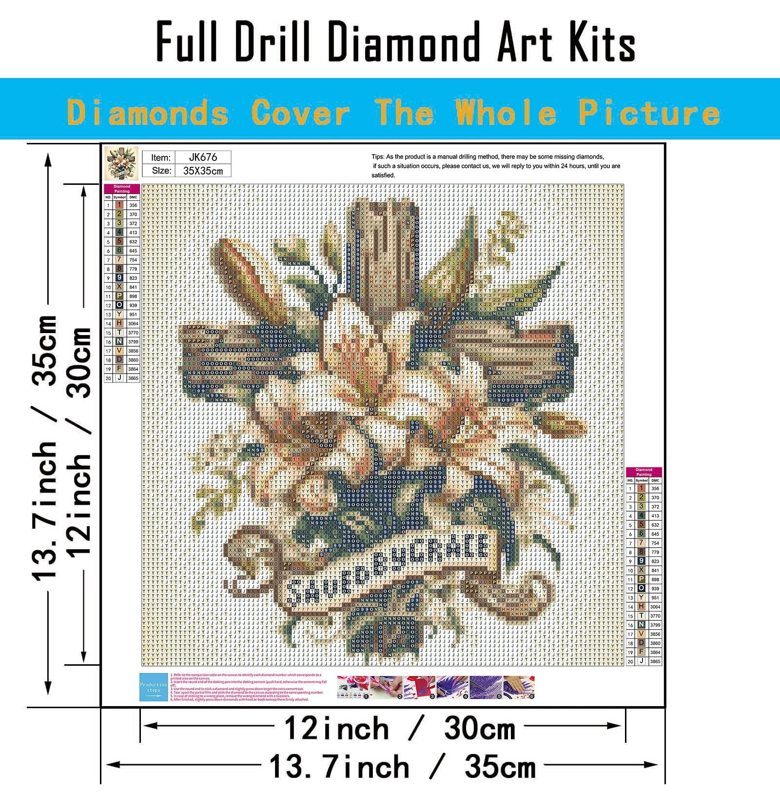 Diamond painting kit featuring a cross with lilies and the text 'SAVED BY GRACE', with a color chart and size information.