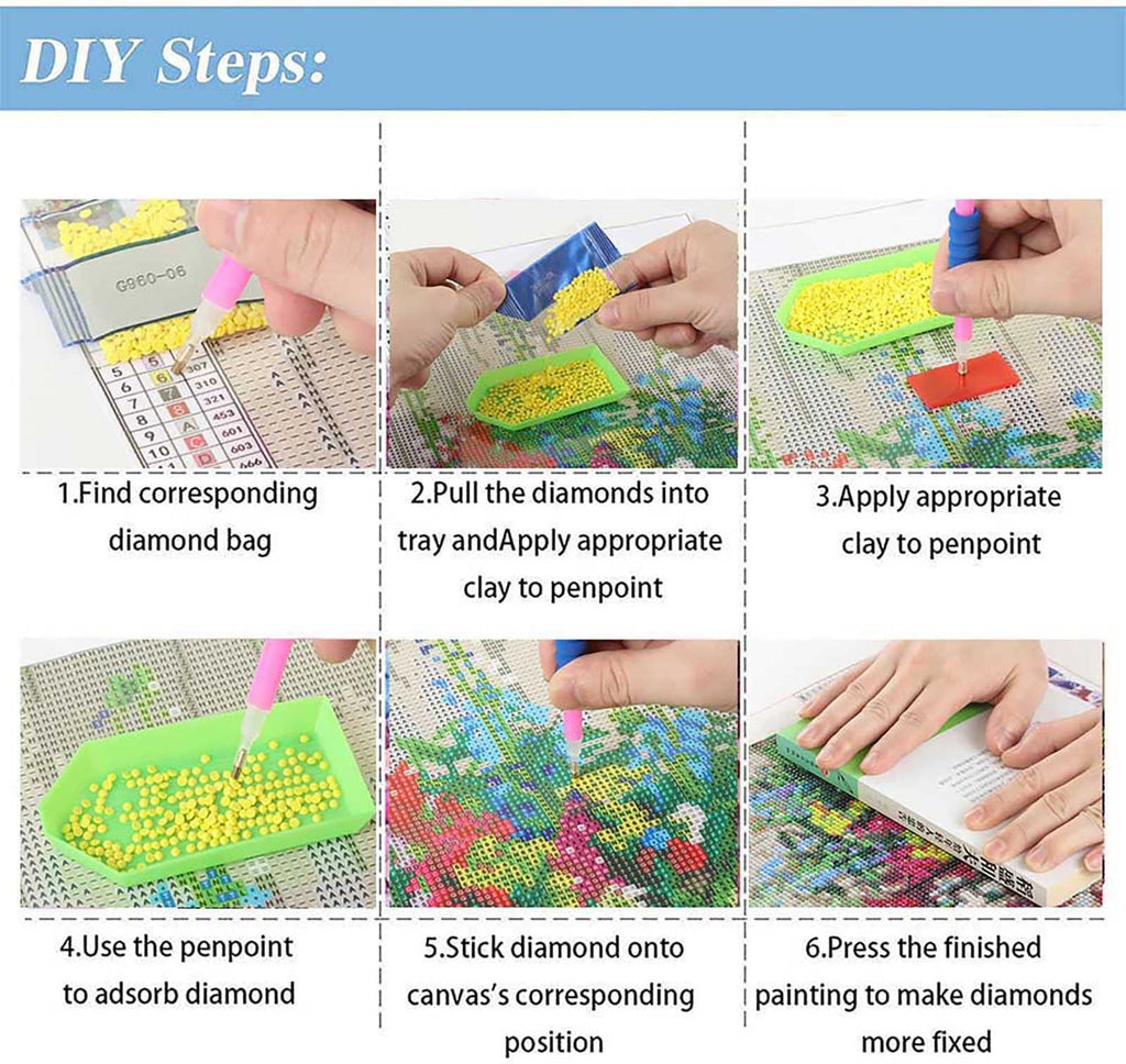 Diamond painting kit instructions showing six steps: finding diamond bag, filling tray, applying clay, using penpoint, sticking diamonds, and pressing finished painting.