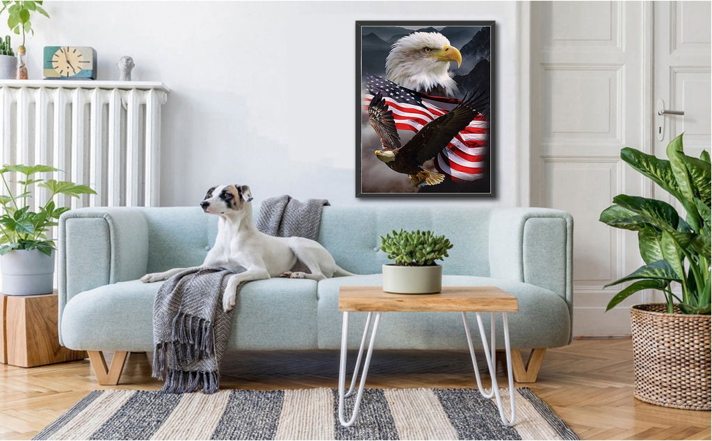 Diamond painting of an eagle and American flag displayed in a living room setting with a dog on a sofa.