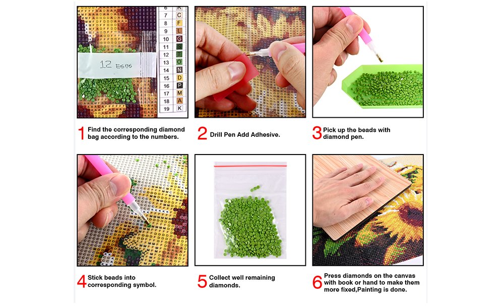 Diamond painting kit instructions showing 6 steps: sorting beads, applying adhesive, picking up beads, placing beads, collecting excess, and pressing diamonds.