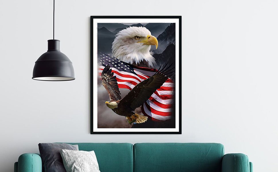Diamond painting kit featuring a bald eagle in flight against an American flag and misty mountains.