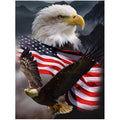Diamond painting kit featuring a bald eagle in flight with the American flag and mountains in the background.