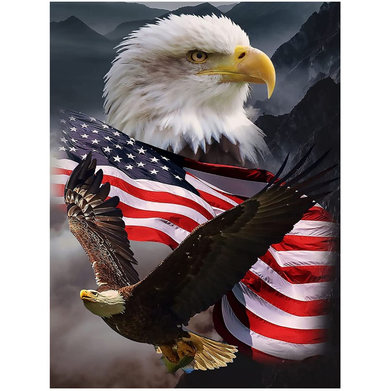 Diamond painting kit featuring a bald eagle in flight with the American flag and mountains in the background.
