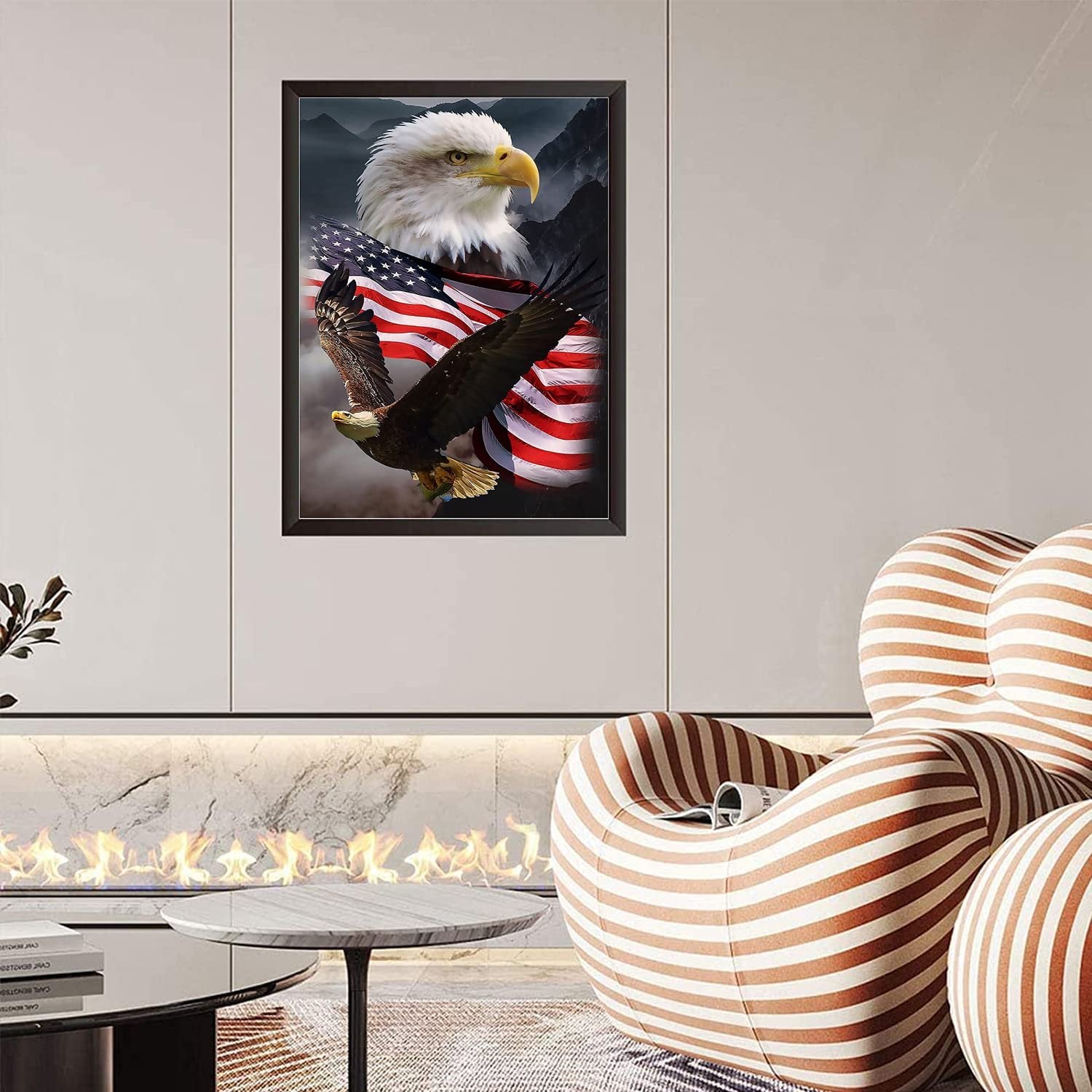 Diamond painting kit featuring an eagle in flight against the American flag and mountains.