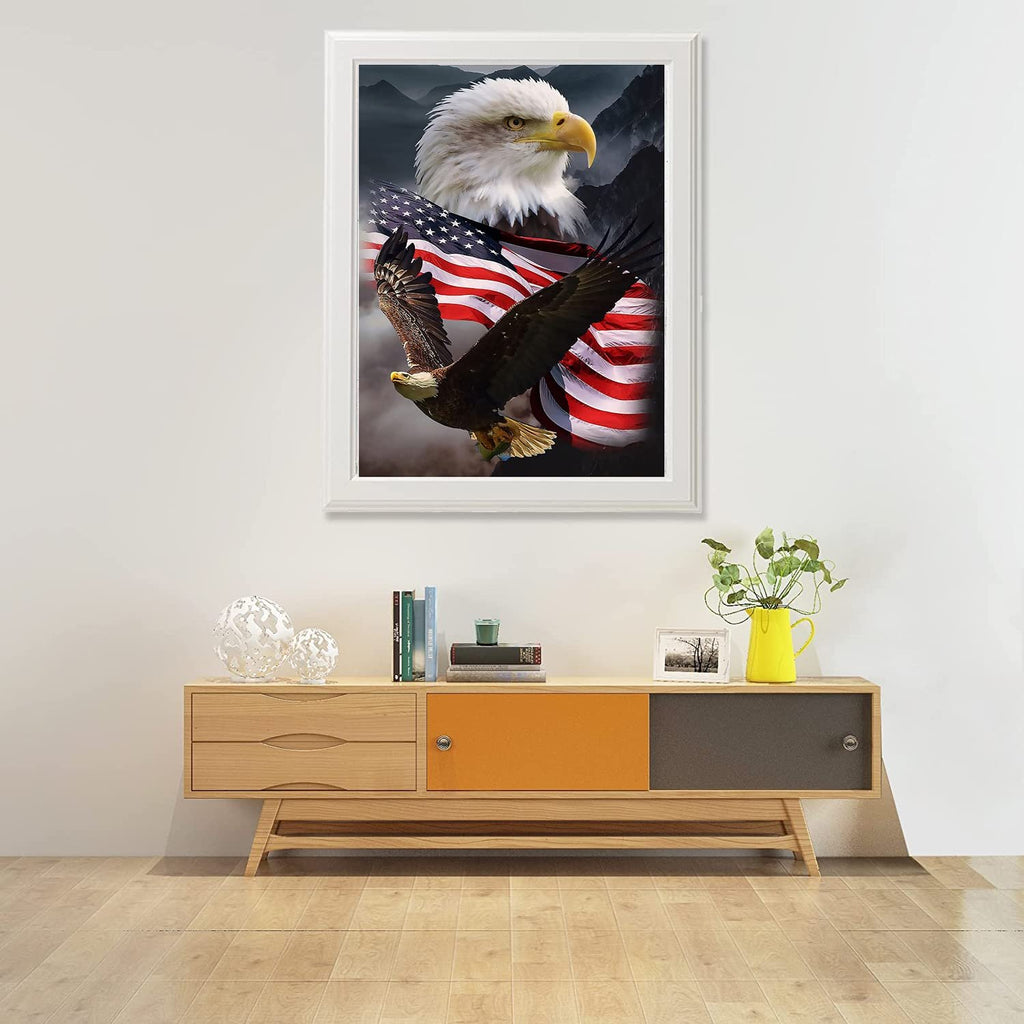 Diamond painting kit featuring a bald eagle in flight against an American flag and mountainous background.
