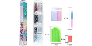 Diamond painting kit contents including a rolled canvas, diamond bags, tools, and dimensions.