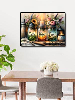 Diamond painting kit showing three mason jars with flowers and candles, labeled Faith, Hope, Love.