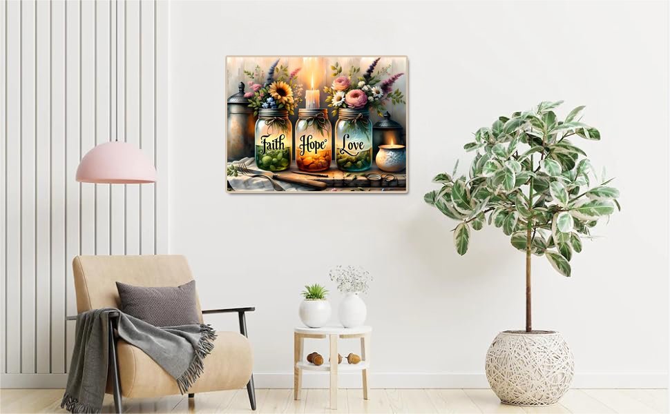 Diamond painting kit showing three mason jars with 'Faith', 'Hope', and 'Love' text, flowers, and candles.