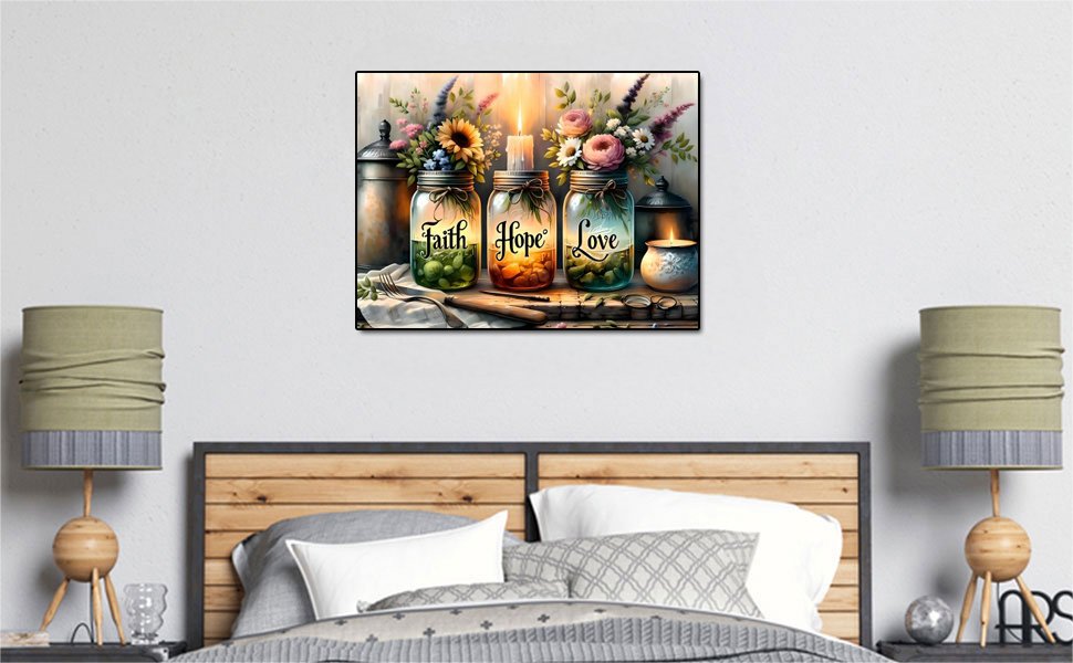 Diamond painting kit showing three jars labeled Faith, Hope, and Love with flowers and candles