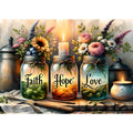 Three mason jars with flowers and candles, labeled Faith, Hope, and Love, on a wooden surface with cutlery.
