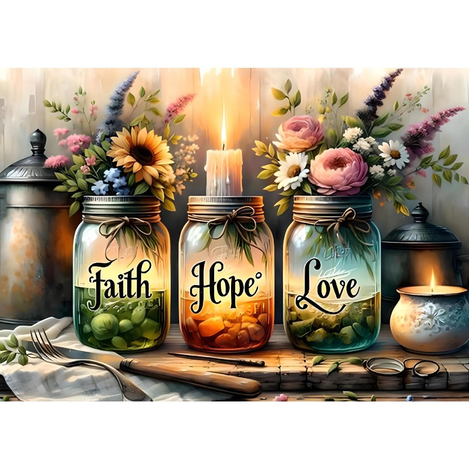 Three mason jars with flowers and candles, labeled Faith, Hope, and Love, on a wooden surface with cutlery.