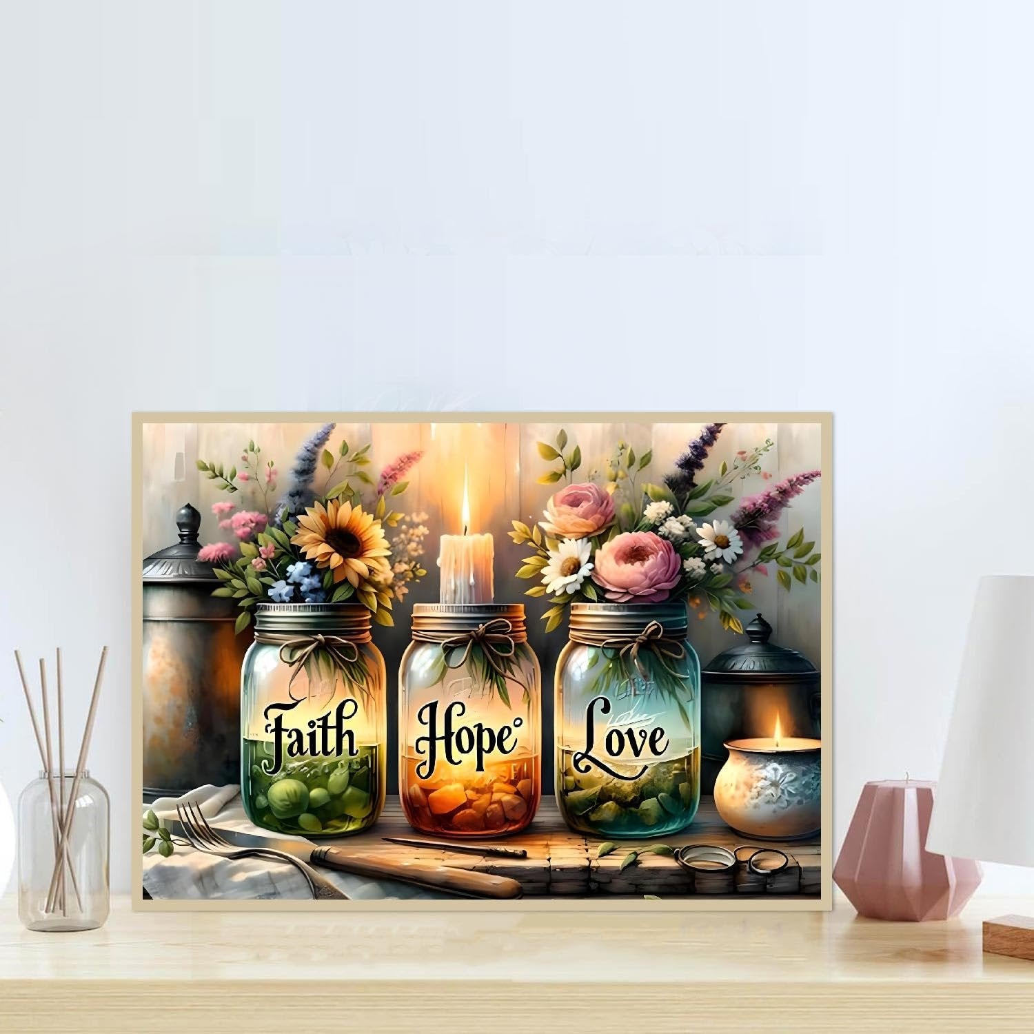 Three mason jars filled with flowers and decorative items, labeled Faith, Hope, and Love, with candles and cutlery on a wooden surface.