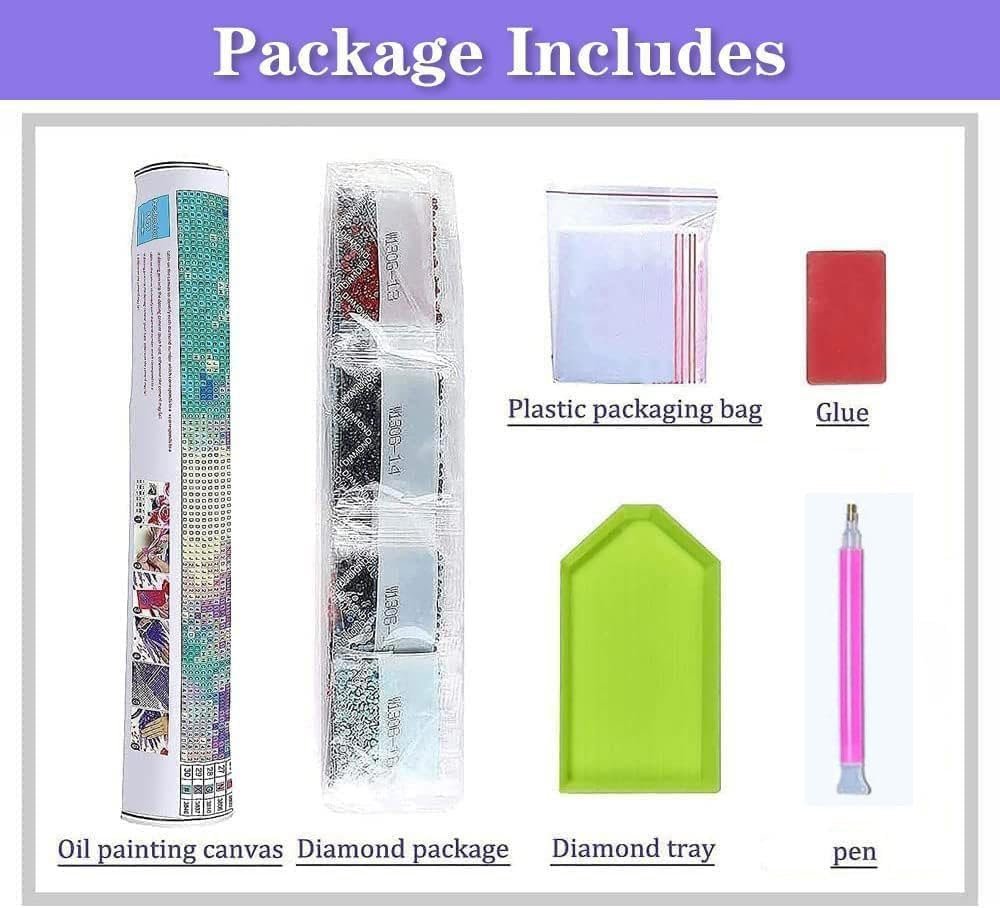 Diamond painting kit contents laid out: rolled canvas, diamond packages, plastic bag, glue, diamond tray, and pen.