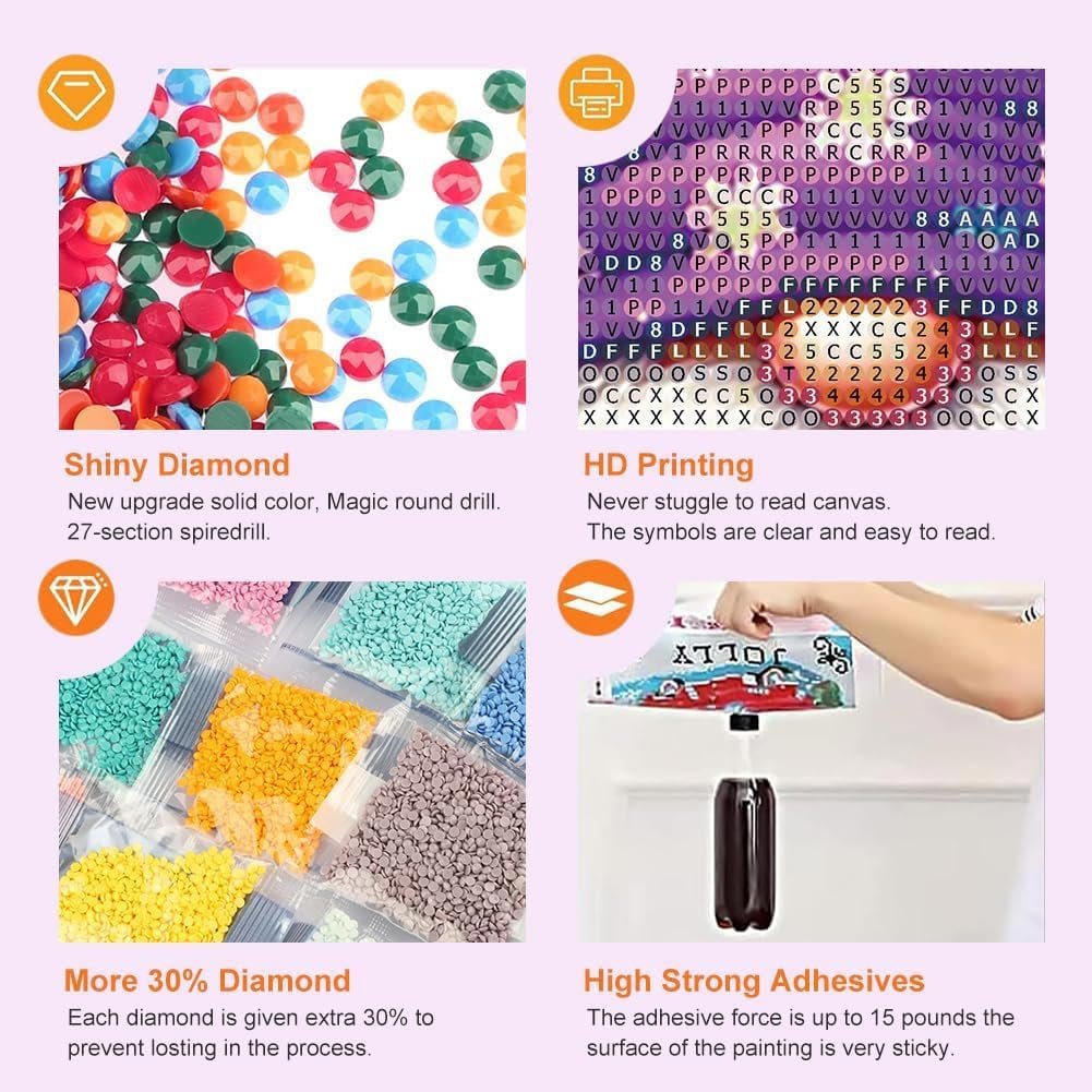 Diamond painting kit components including colorful drills, bags of beads, and a close-up of the canvas with symbols.