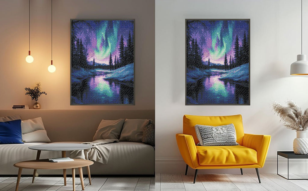 Diamond painting of Aurora Borealis over a reflective lake, displayed in a living room setting with a sofa and armchair.
