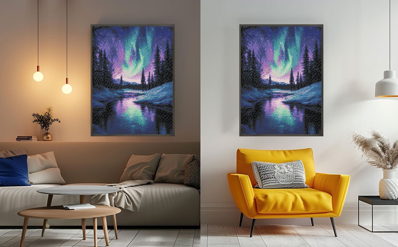 Diamond painting of Aurora Borealis over a reflective lake, displayed in a living room setting with a sofa and armchair.