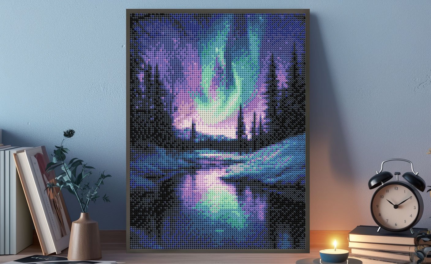Diamond painting kit depicting the Aurora Borealis over a snowy forest and lake, framed and displayed on a shelf.