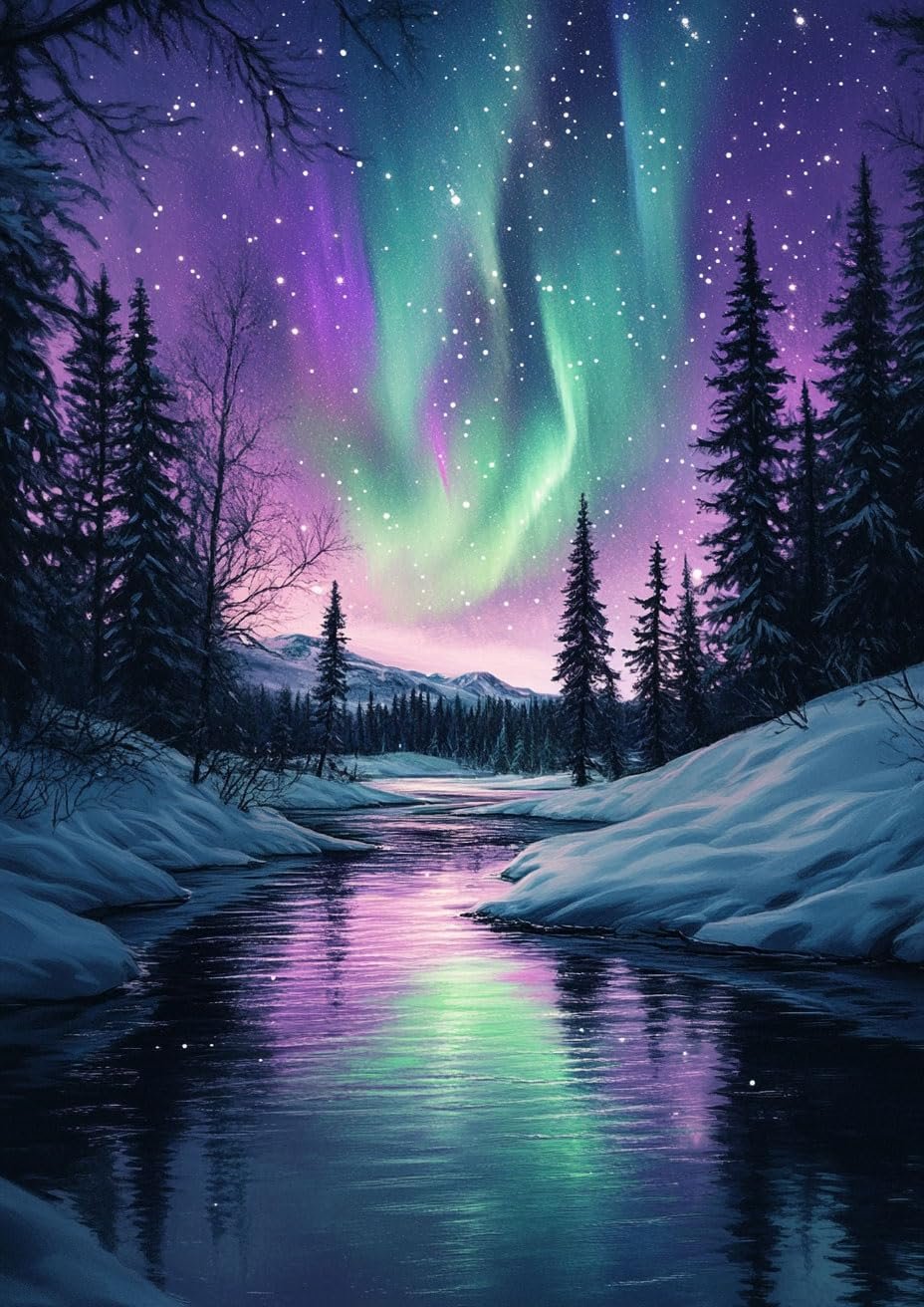 Winter landscape with aurora borealis over a frozen river and snow-covered trees