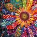Colorful abstract sunflower diamond painting kit with vibrant petals and detailed center, close-up view.