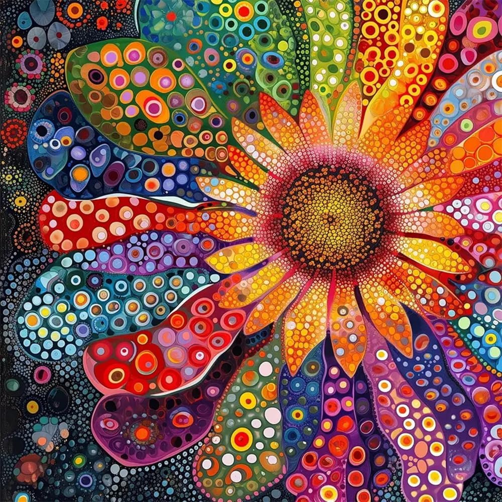 Colorful abstract sunflower diamond painting kit with vibrant petals and detailed center, close-up view.