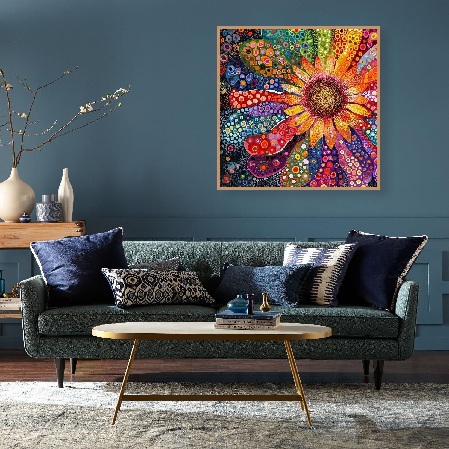 Colorful abstract sunflower diamond painting art hanging on a blue wall above a sofa.
