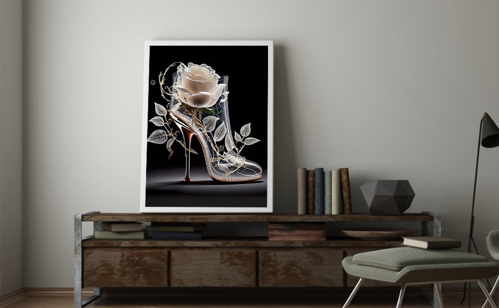 Diamond painting of a clear high heel shoe with a white rose and vines, displayed in a white frame on a dresser.
