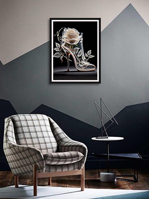 Diamond painting of a clear high heel shoe with a white rose inside, displayed on a wall.