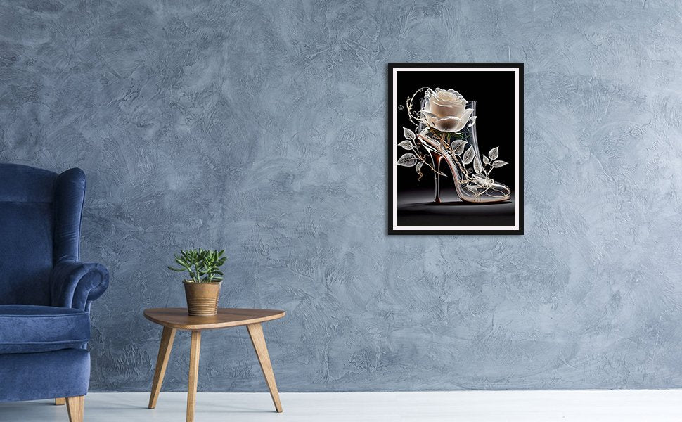 Diamond painting kit featuring a high heel shoe with a rose and leaves, displayed on a wall.