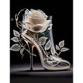 Clear high heel shoe with a white rose inside, adorned with vine and leaf details on a dark background.