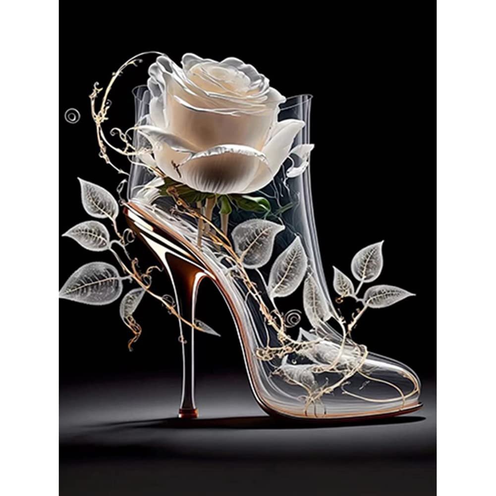 Clear high heel shoe with a white rose inside, adorned with vine and leaf details on a dark background.