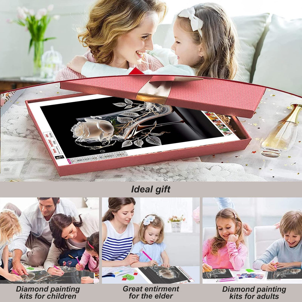 Mother and daughter opening a diamond painting kit with a high heel and rose design.