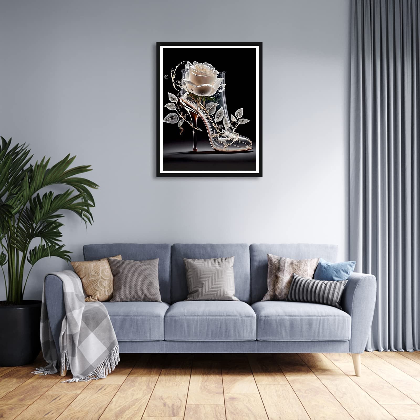 Diamond painting kit featuring a clear high heel shoe with a white rose inside, set against a black background.