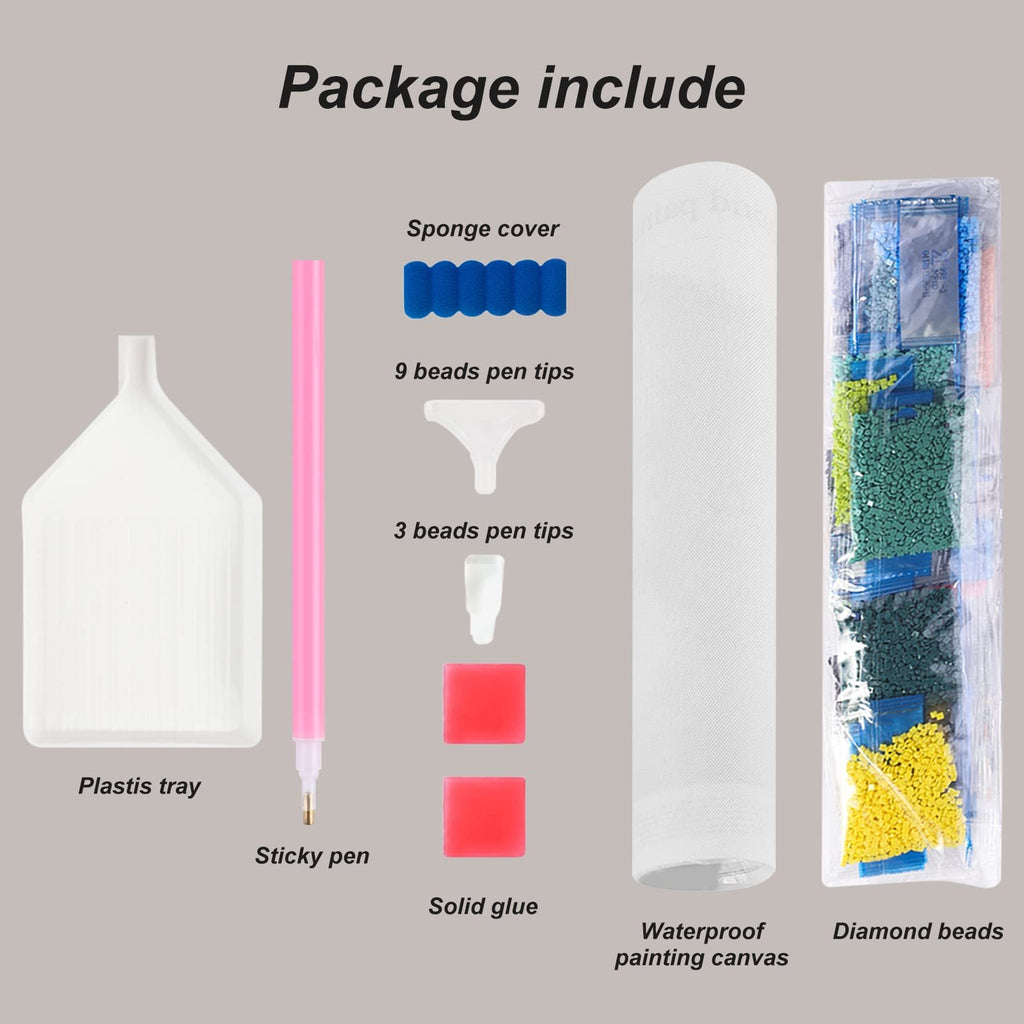 Diamond painting kit contents laid out: tray, pen, tips, glue, canvas, and beads.