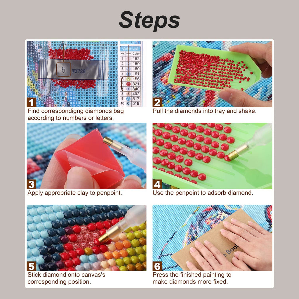 Diamond painting kit instructions showing 6 steps: sorting diamonds, filling tray, applying clay, picking up diamonds, sticking diamonds, and pressing finished painting.