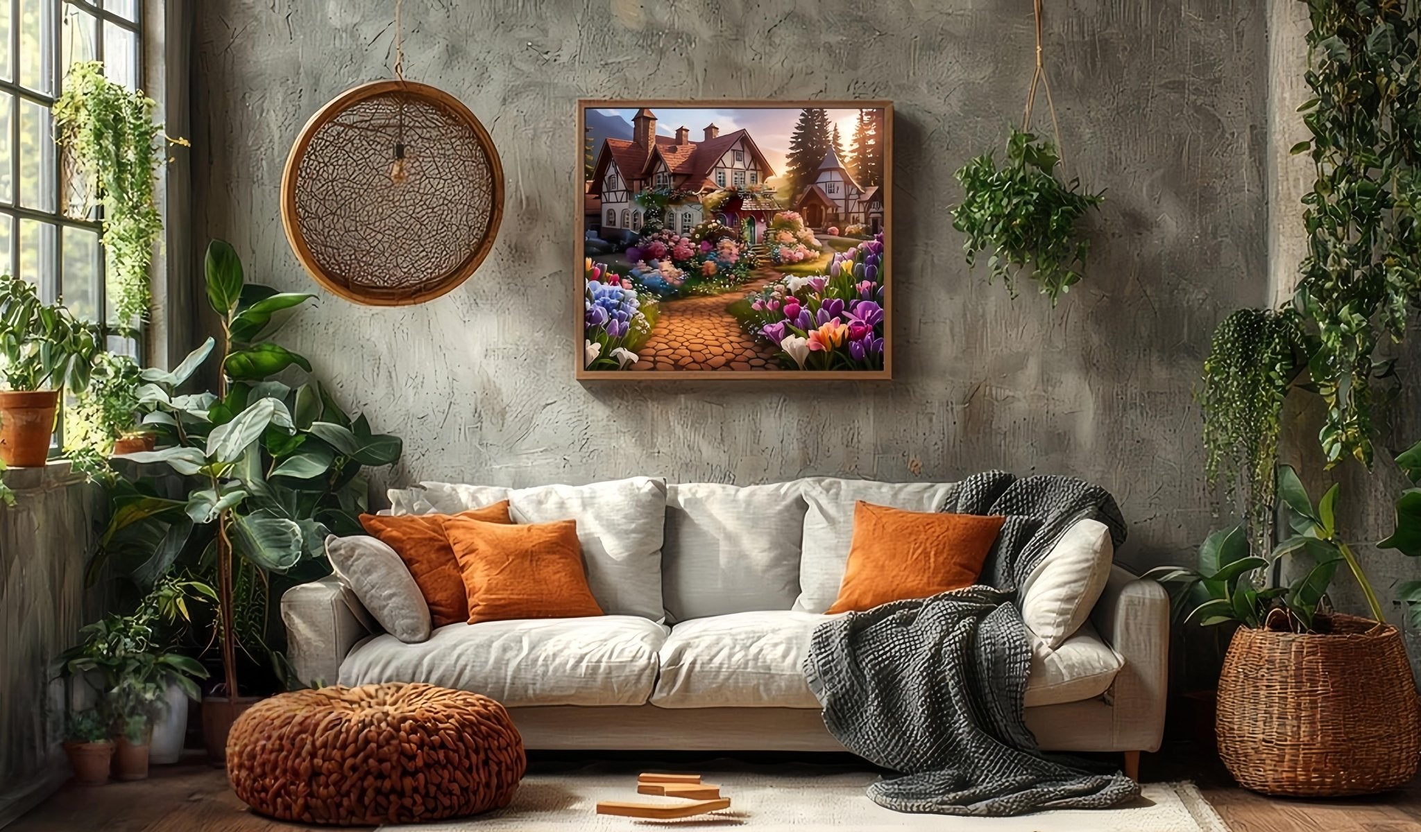 Cozy living room scene with a diamond painting of a house and flower garden hanging above a sofa.