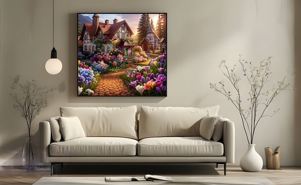 Diamond painting of a charming cottage with a flower-lined path, displayed above a sofa.