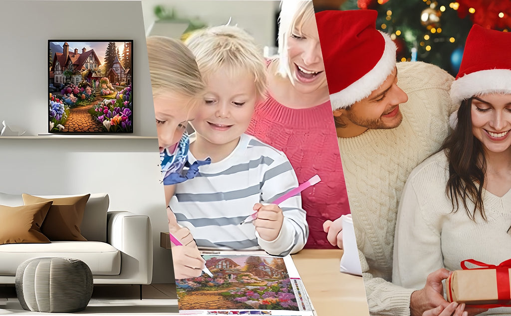 Collage of diamond painting kit in use and holiday scenes: framed artwork, children painting, couple celebrating Christmas.