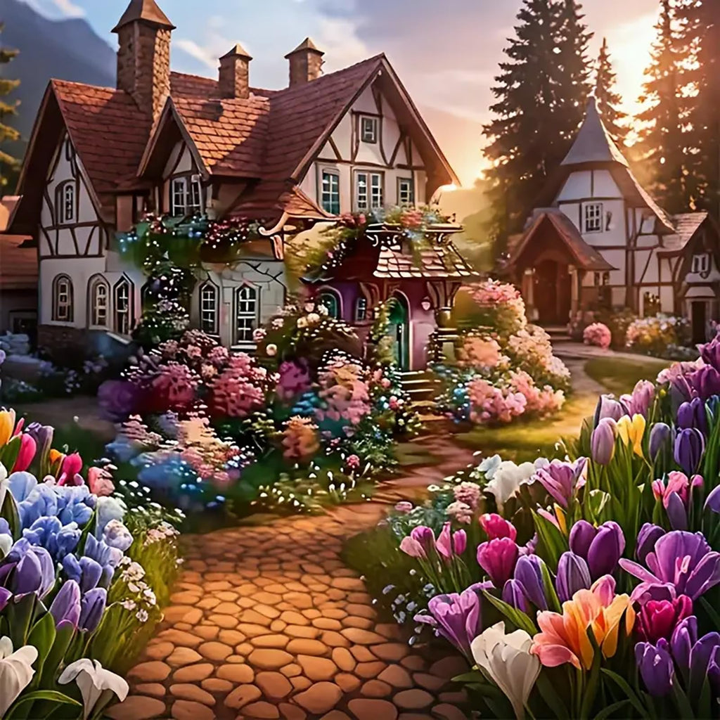 Charming cottage garden path lined with colorful tulips and flowers, leading to a quaint house with Tudor-style architecture.