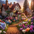 Charming cottage garden path lined with colorful tulips and flowers, leading to a quaint house with Tudor-style architecture.