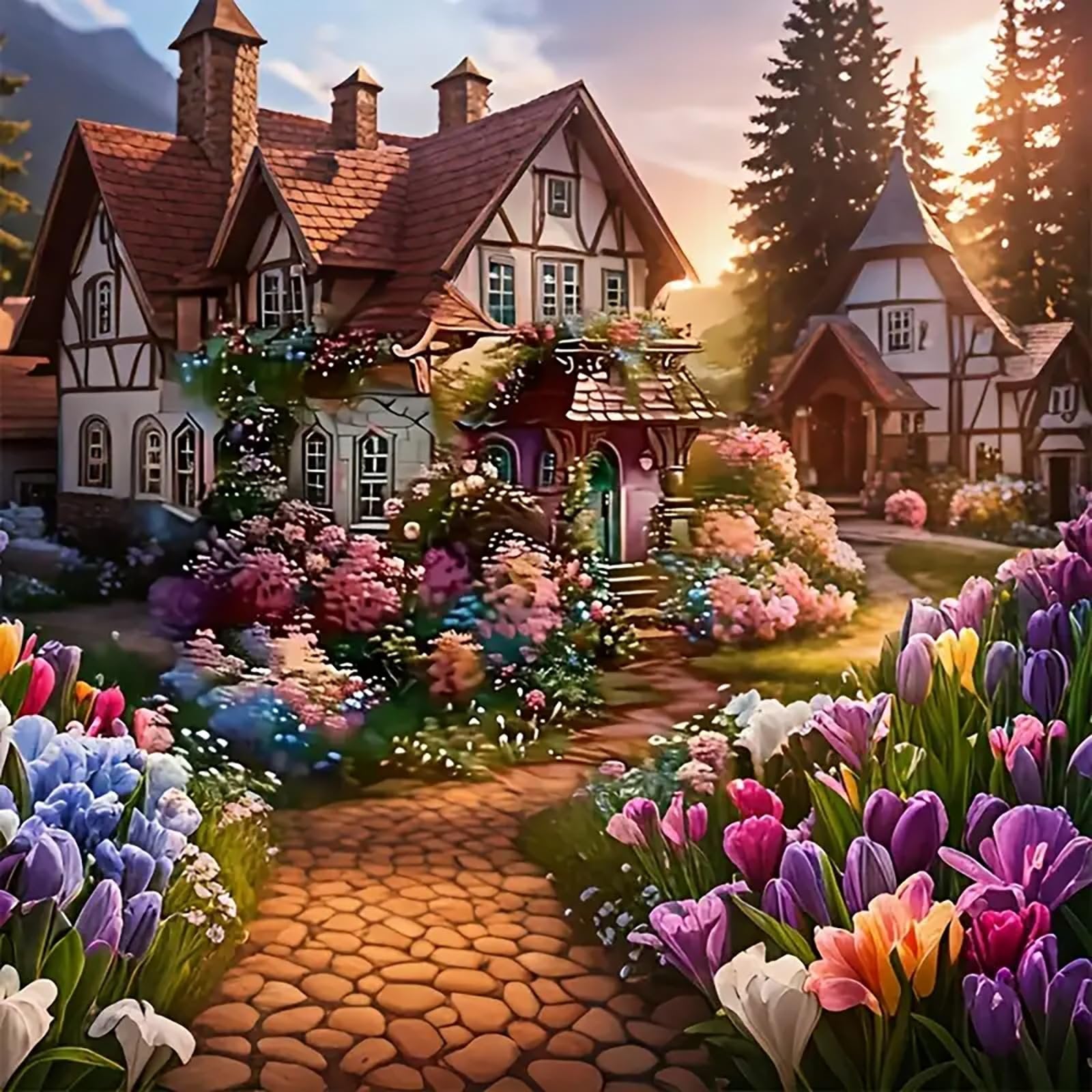 Charming cottage garden path lined with colorful tulips and flowers, leading to a quaint house with Tudor-style architecture.