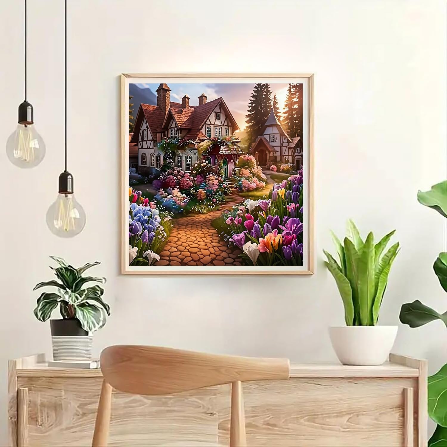 Diamond painting of a charming cottage surrounded by a vibrant flower garden and cobblestone path.