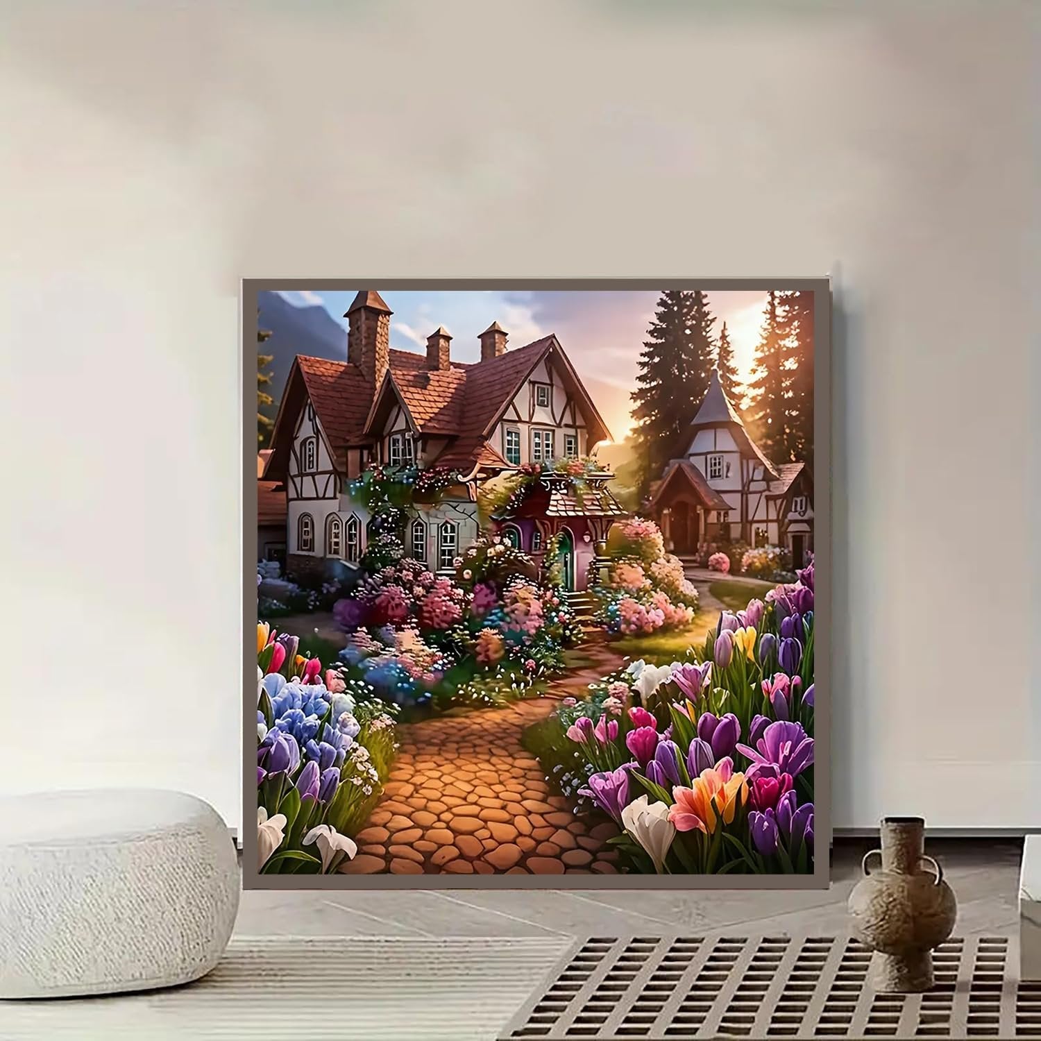 Diamond painting kit featuring a charming house with a flower-lined cobblestone path and trees at sunset.