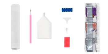 Diamond painting kit contents including a white tube, pink drill pen, white tray, blue diamond organizer, and sealed bags of colored diamonds.