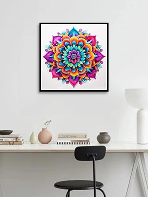 Framed colorful mandala diamond painting displayed on a white wall above a desk with decorative vases and books.