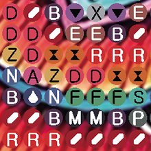Diamond painting kit symbols including letters and shapes on a colorful background.