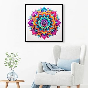Framed colorful mandala diamond painting art hanging on a white wall above a grey armchair with a blue pillow and a plant on a side table.