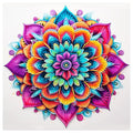 Colorful mandala design with intricate floral patterns and vibrant hues of purple, pink, orange, yellow, and blue.